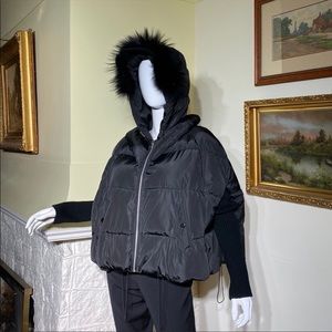 SDYL Black Boxy Cropped Puffer Jacket Fur Trim Kitten Hood & Knit Sleeves
